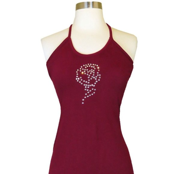 Vintage 70s Maroon Burgundy Red Rhinestone Rose Halter Prom Party Maxi Dress XXS - Picture 2 of 12